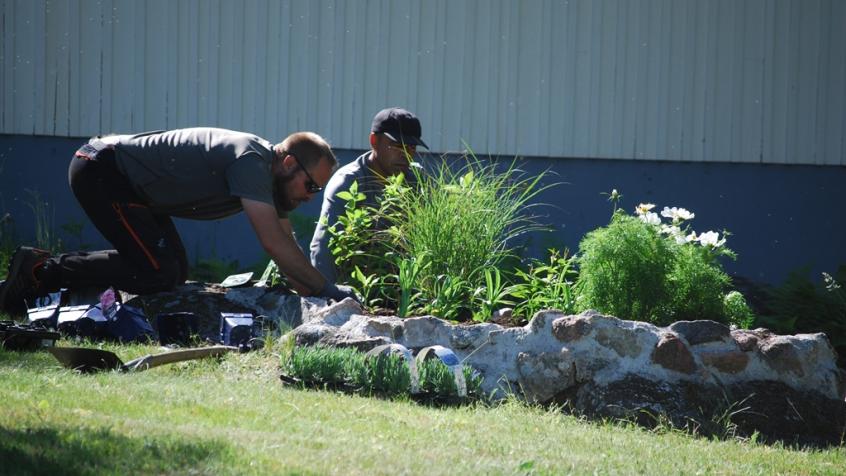Här tar killarna sig an nästa rabatt och planterar gräs, syrenhortensia, flox, dagliljor och lavendel.