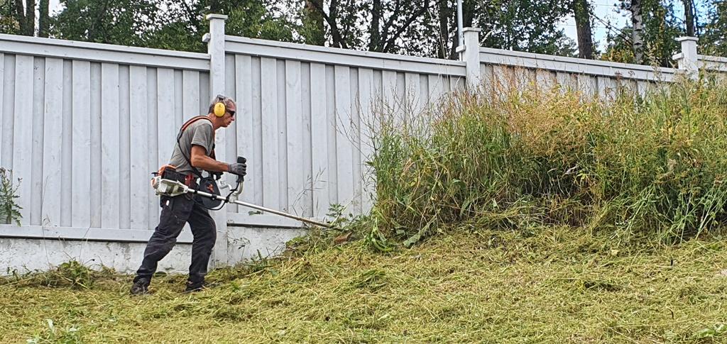 Jason trimmar gräset längs staketet